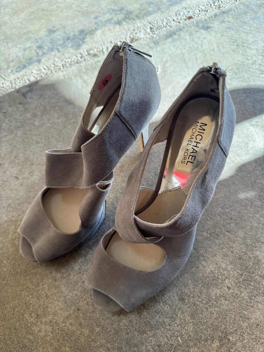 MICHAEL Michael Kors Elena Cross Taupe Gray Suede Peep-Toe Heels